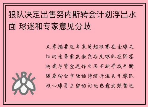 狼队决定出售努内斯转会计划浮出水面 球迷和专家意见分歧 狼队决定出售努内斯转会计划浮出水面 球迷和专家意见分歧